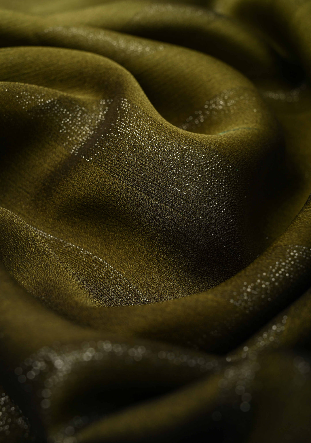 Olive Green Ombre Chiffon Saree with Muted Zari Stripes and Lotus Hand painted on Border, Pallu