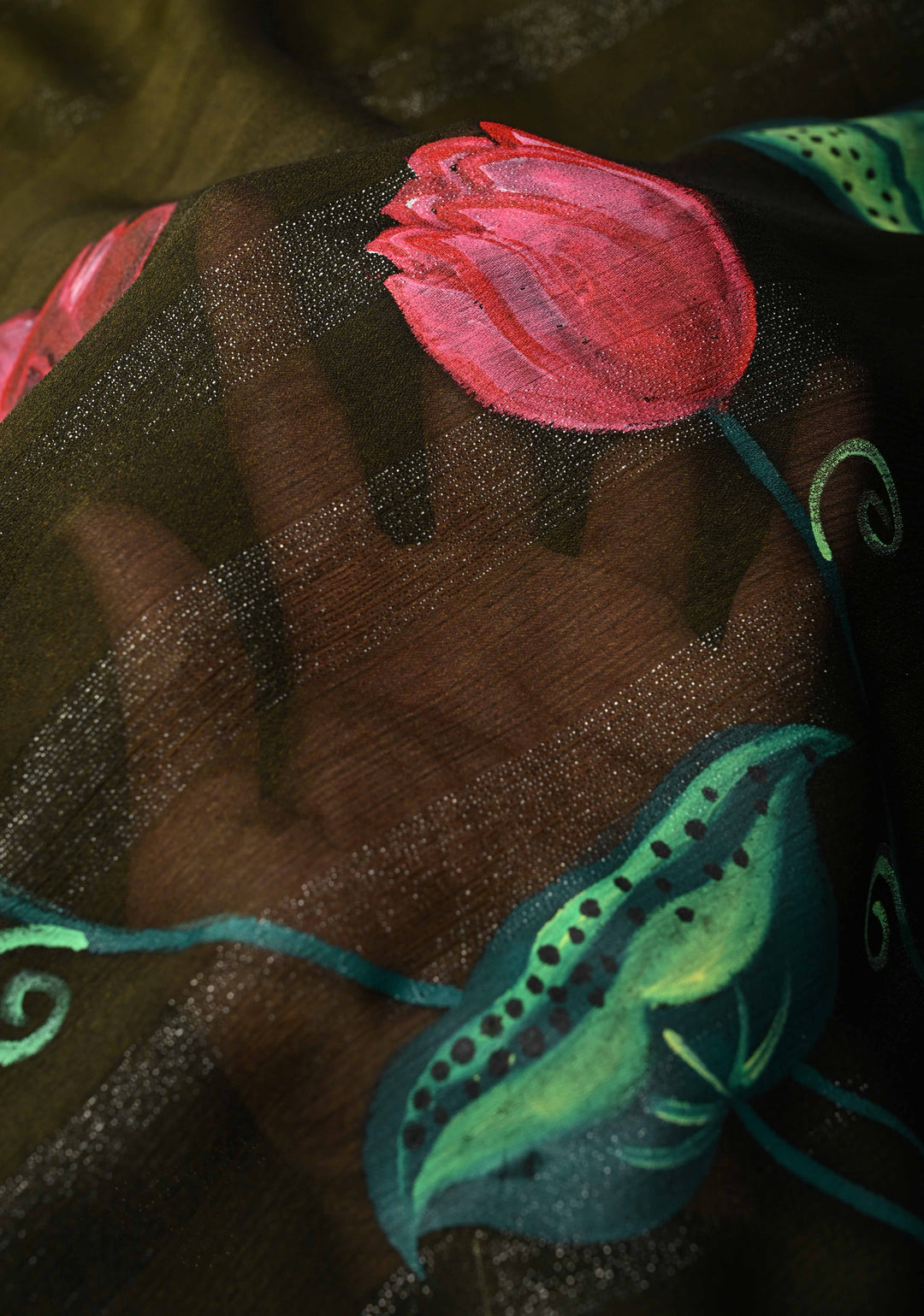Olive Green Ombre Chiffon Saree with Muted Zari Stripes and Lotus Hand painted on Border, Pallu