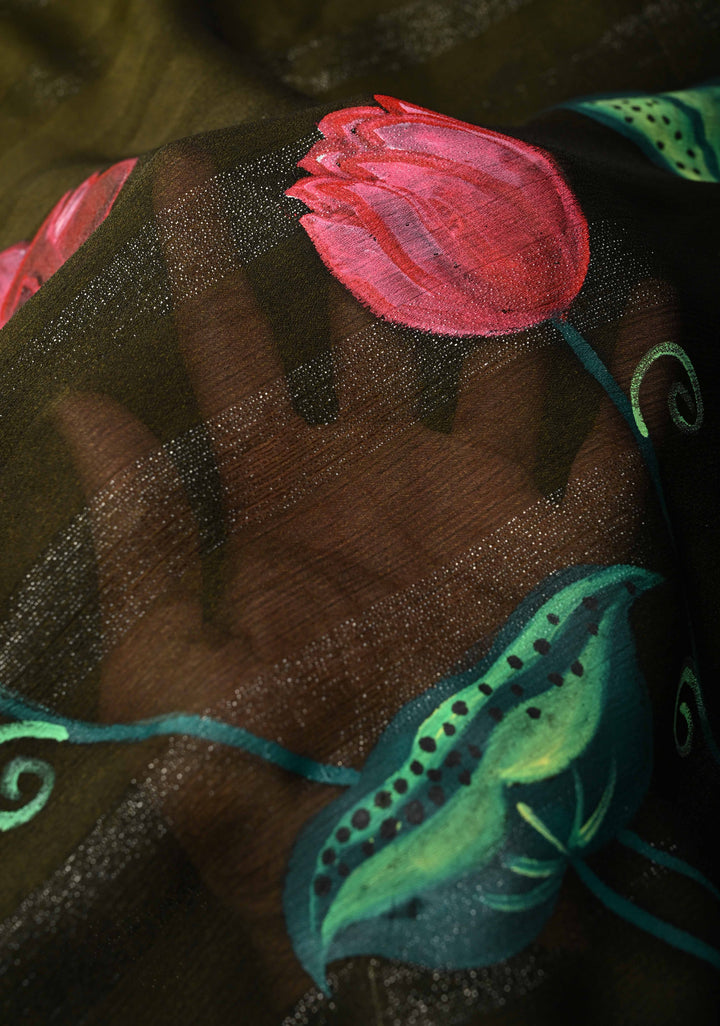 Olive Green Ombre Chiffon Saree with Muted Zari Stripes and Lotus Hand painted on Border, Pallu