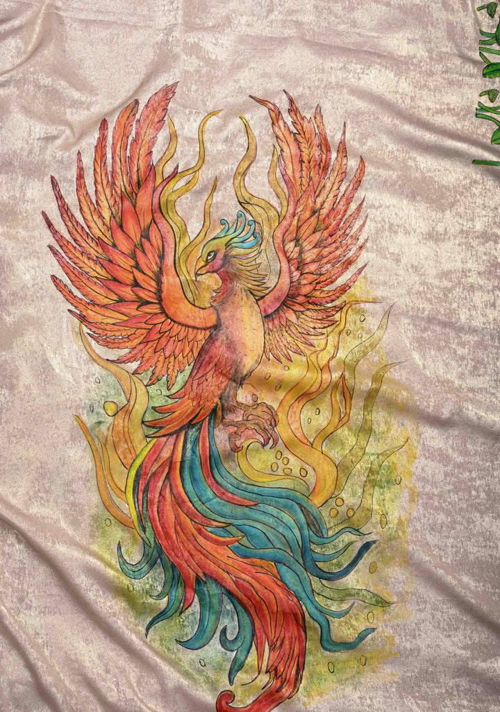 Gray Shimmer Ruffle Saree with Phoenix and Lotus Handpainted Motifs, No Blouse Piece, Customizable