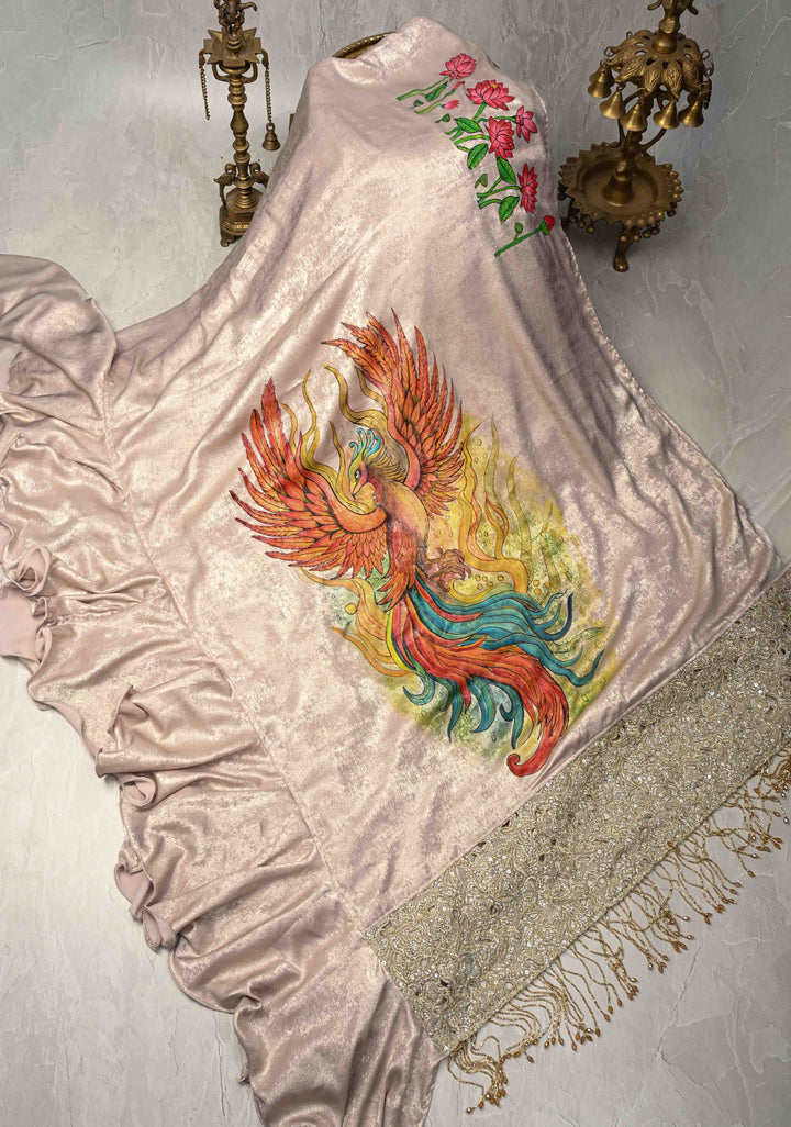 Gray Shimmer Ruffle Saree with Phoenix and Lotus Handpainted Motifs, No Blouse Piece, Customizable