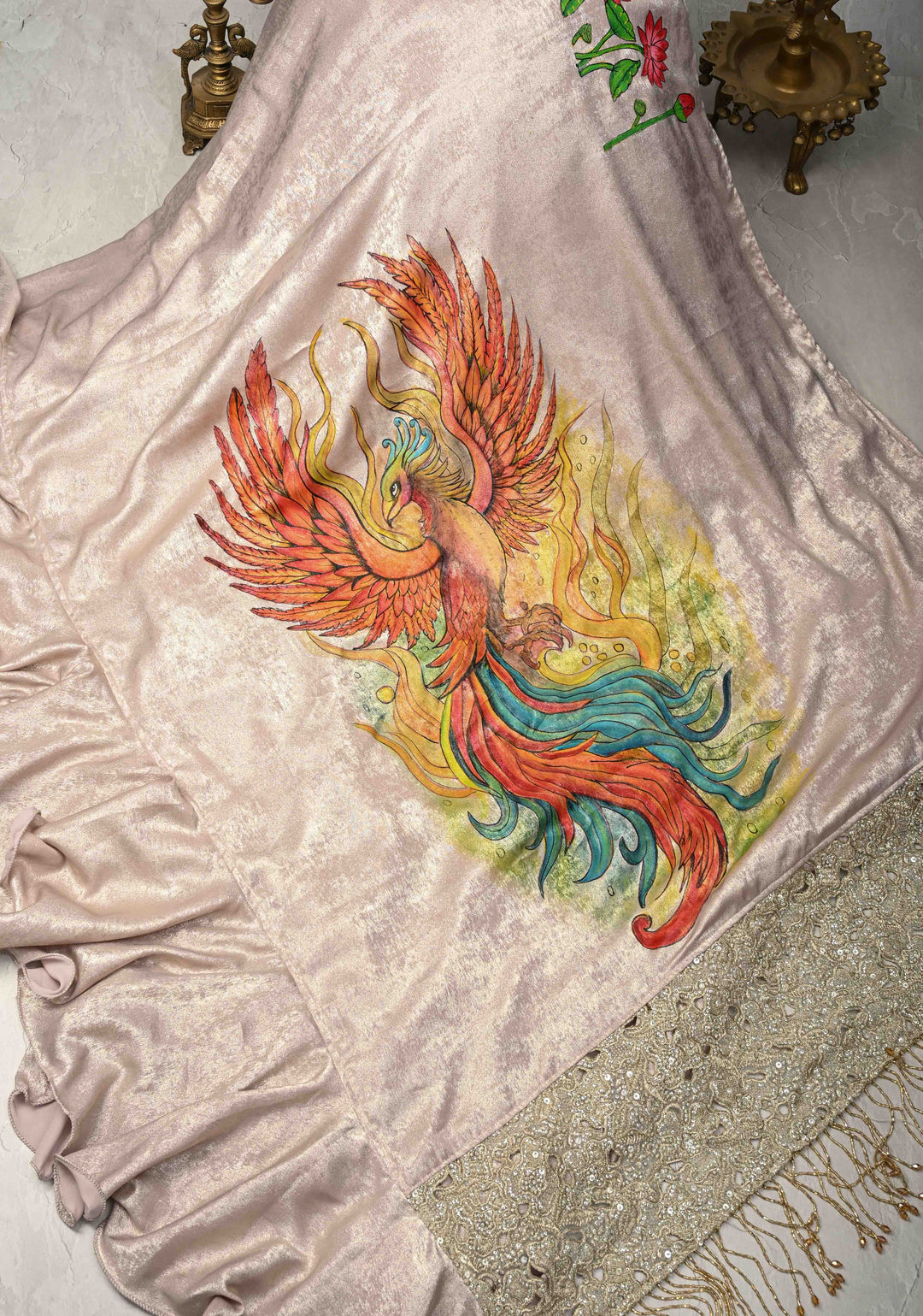 Gray Shimmer Ruffle Saree with Phoenix and Lotus Handpainted Motifs, No Blouse Piece, Customizable