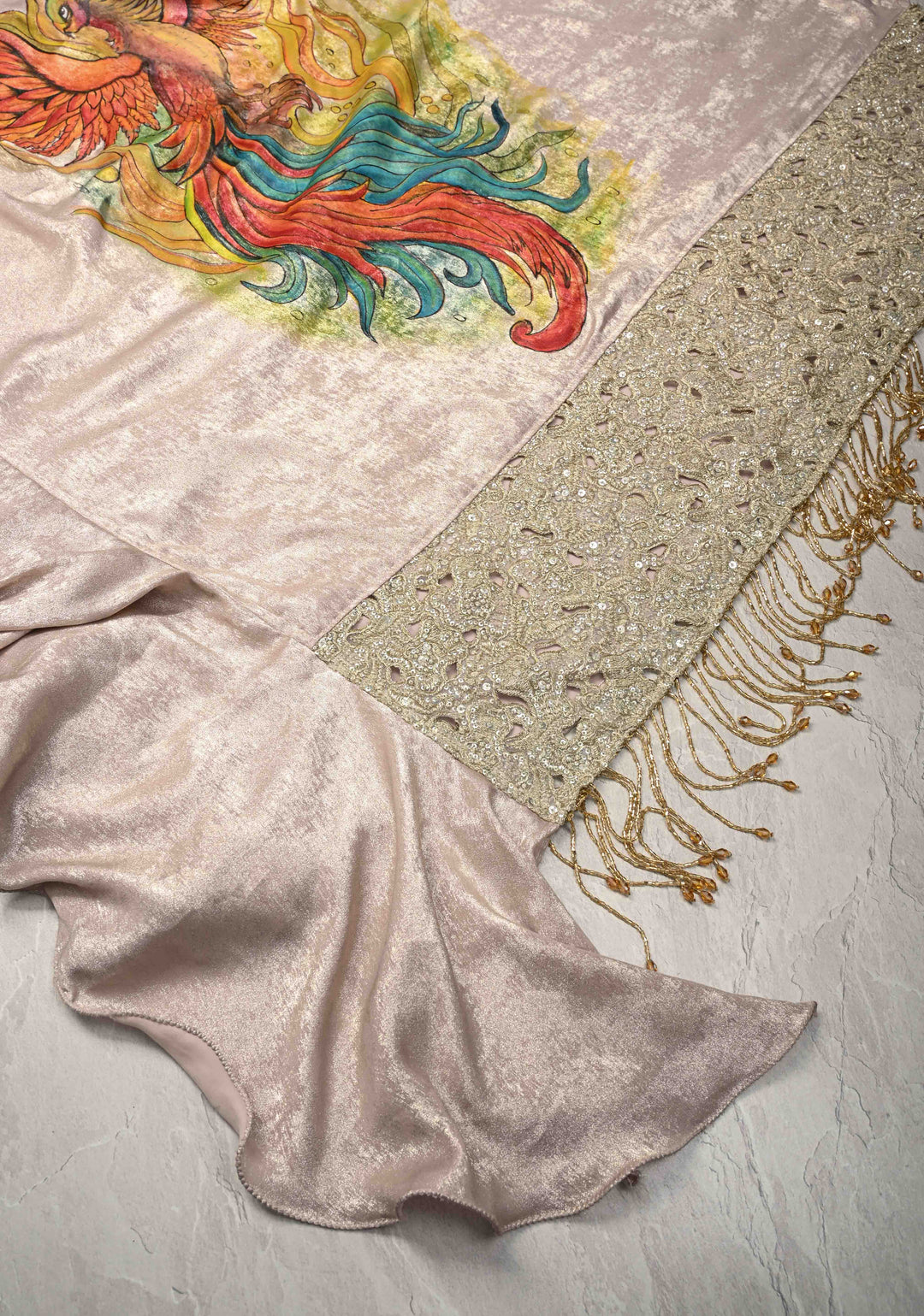 Gray Shimmer Ruffle Saree with Phoenix and Lotus Handpainted Motifs, No Blouse Piece, Customizable