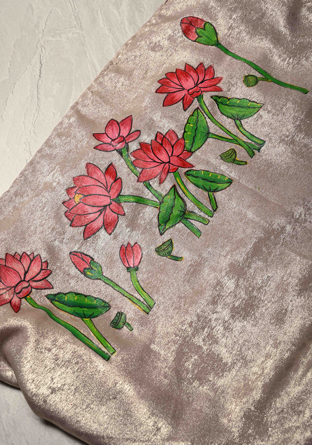 Gray Shimmer Ruffle Saree with Phoenix and Lotus Handpainted Motifs, No Blouse Piece, Customizable