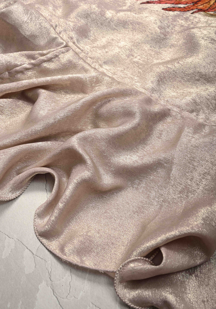 Gray Shimmer Ruffle Saree with Phoenix and Lotus Handpainted Motifs, No Blouse Piece, Customizable