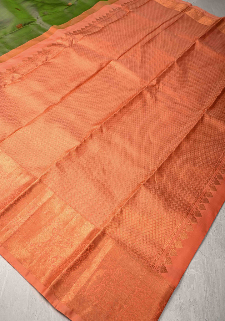 Sap Green Kanjivaram Pure Silk Saree with Gold and Silver Zari Buttas and Zari Border | SILK MARK CERTIFIED
