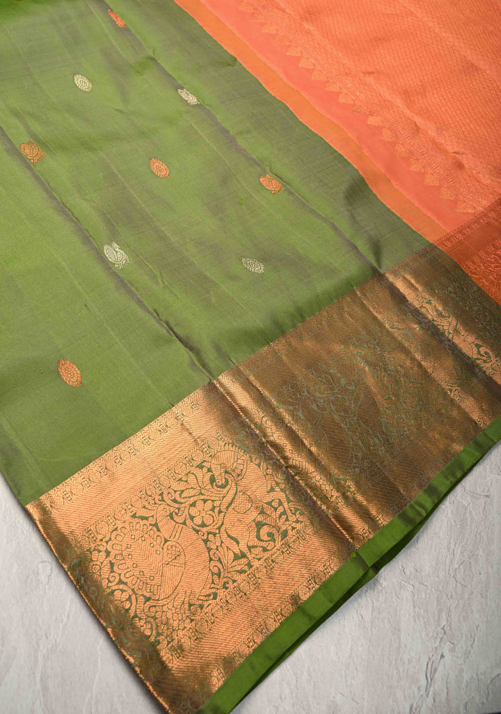 Sap Green Kanjivaram Pure Silk Saree with Gold and Silver Zari Buttas and Zari Border | SILK MARK CERTIFIED