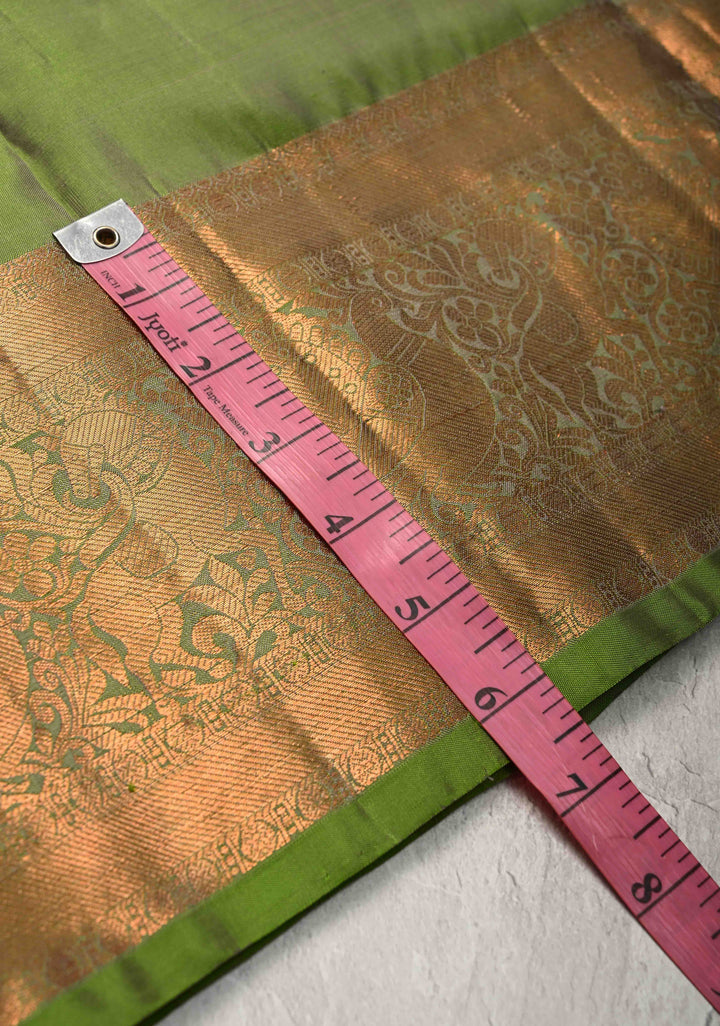 Sap Green Kanjivaram Pure Silk Saree with Gold and Silver Zari Buttas and Zari Border | SILK MARK CERTIFIED