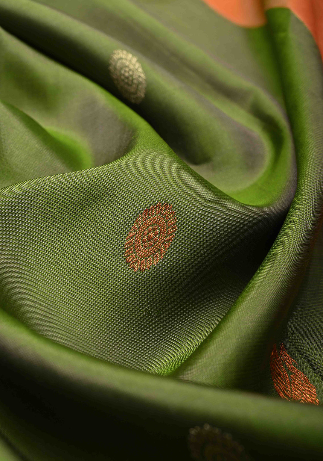 Sap Green Kanjivaram Pure Silk Saree with Gold and Silver Zari Buttas and Zari Border | SILK MARK CERTIFIED
