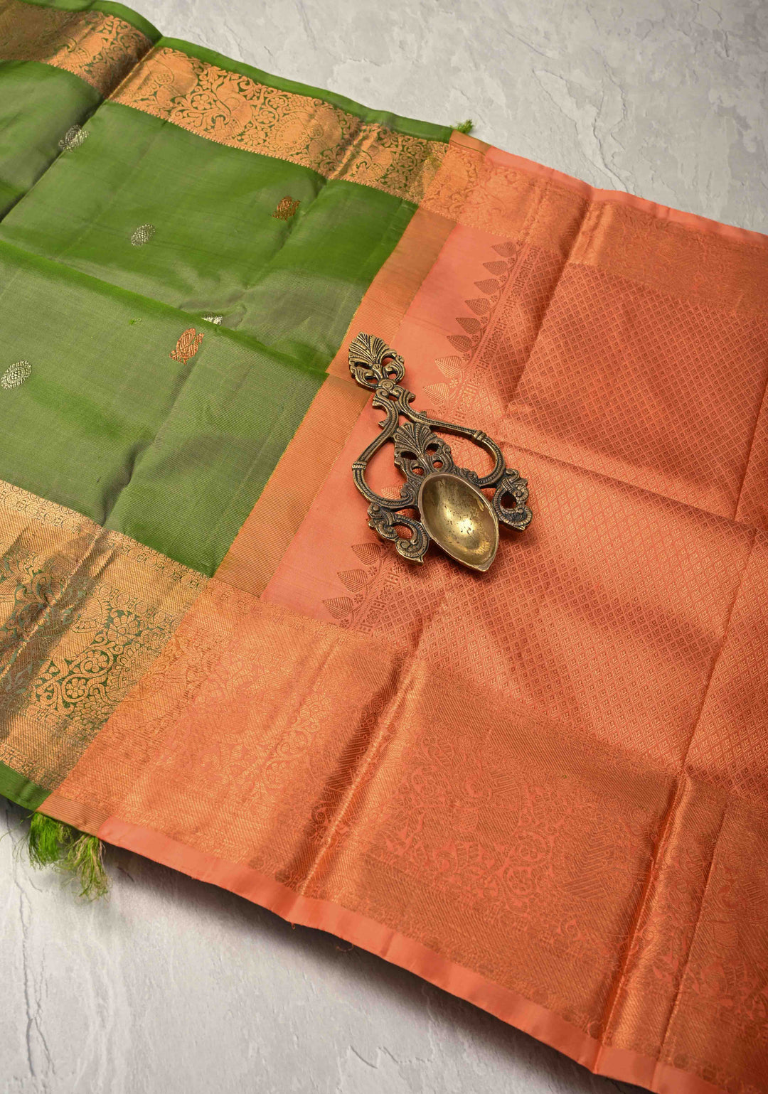 Sap Green Kanjivaram Pure Silk Saree with Gold and Silver Zari Buttas and Zari Border | SILK MARK CERTIFIED