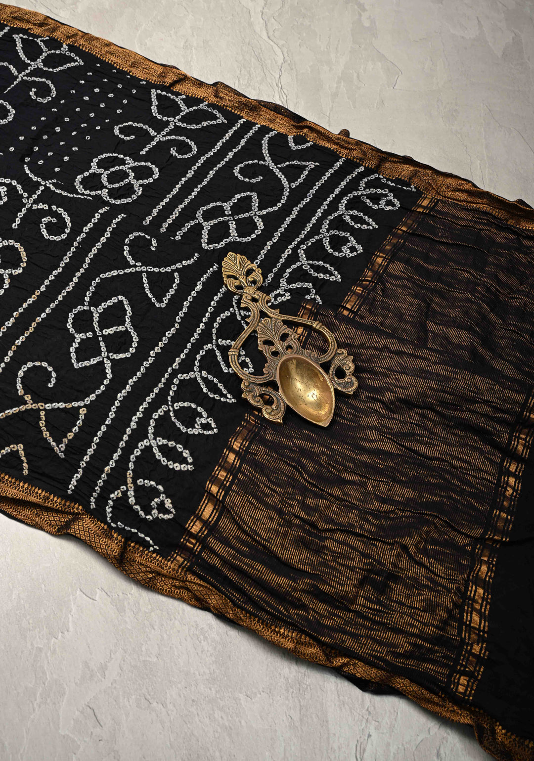 Black Bandhini Fusion Mangalagiri Cotton Saree with Minimal Zari Border