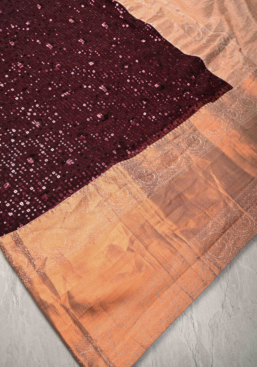Kanchana tone on tone Sequin on Net Fusion Saree with Two Side Kanjivaram Pure Silk Border