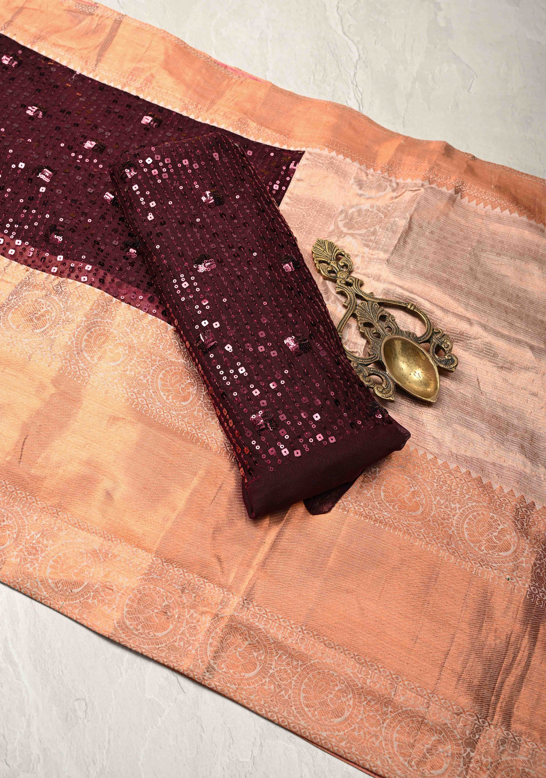 Kanchana tone on tone Sequin on Net Fusion Saree with Two Side Kanjivaram Pure Silk Border
