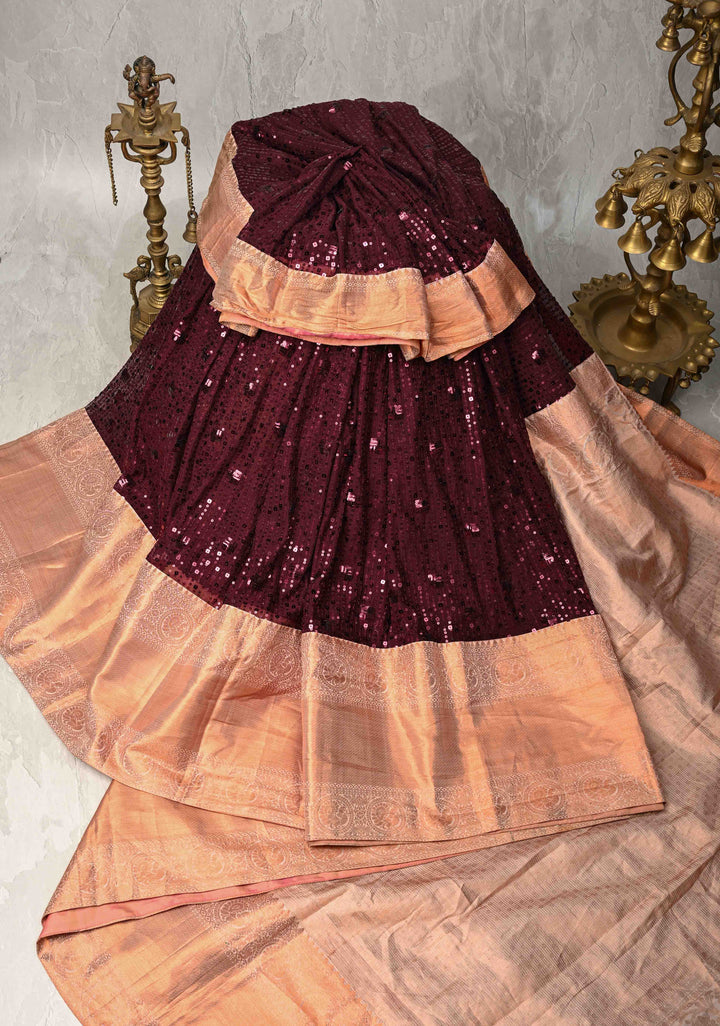 Kanchana tone on tone Sequin on Net Fusion Saree with Two Side Kanjivaram Pure Silk Border