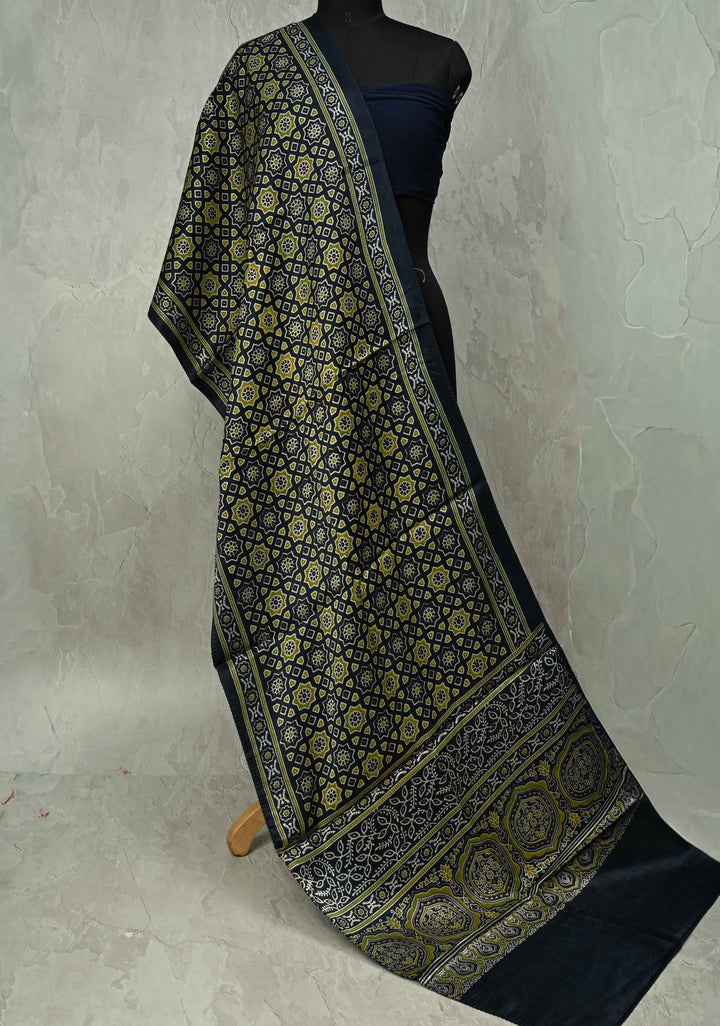 Dupatta: Authentic Prussian Blue Modal Silk Dupatta with Ajrakh Hand Block Print