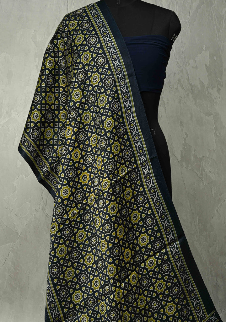 Dupatta: Authentic Prussian Blue Modal Silk Dupatta with Ajrakh Hand Block Print