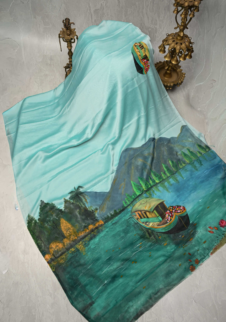 Frost Mint Saree Chiffon Silk Saree with Houseboat on the Lake Hand Painted on Pallu , No Blouse Piece
