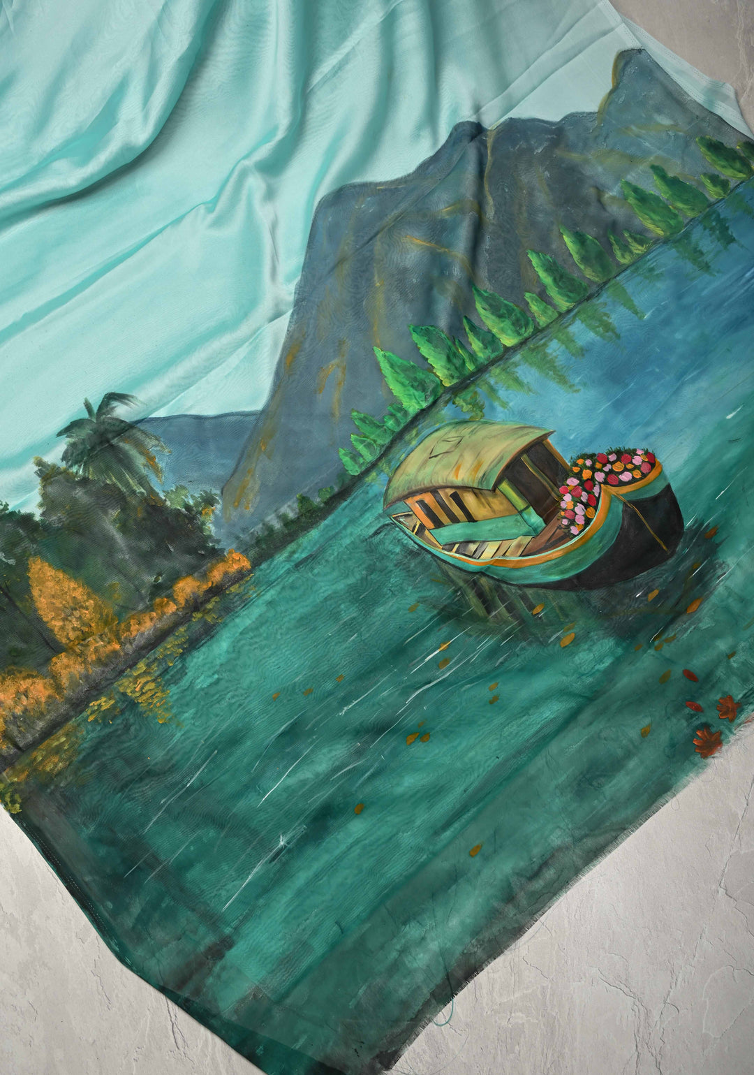 Frost Mint Saree Chiffon Silk Saree with Houseboat on the Lake Hand Painted on Pallu , No Blouse Piece