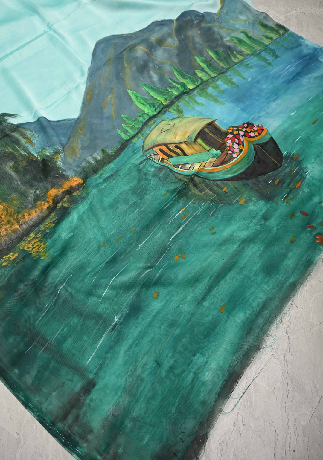 Frost Mint Saree Chiffon Silk Saree with Houseboat on the Lake Hand Painted on Pallu , No Blouse Piece