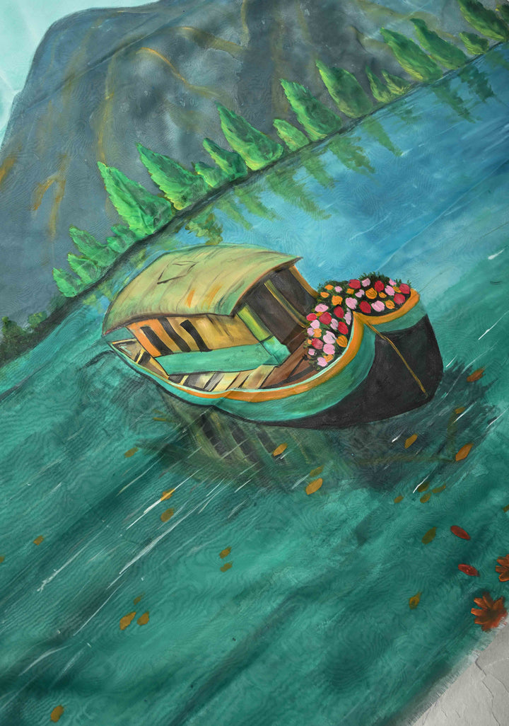 Frost Mint Saree Chiffon Silk Saree with Houseboat on the Lake Hand Painted on Pallu , No Blouse Piece