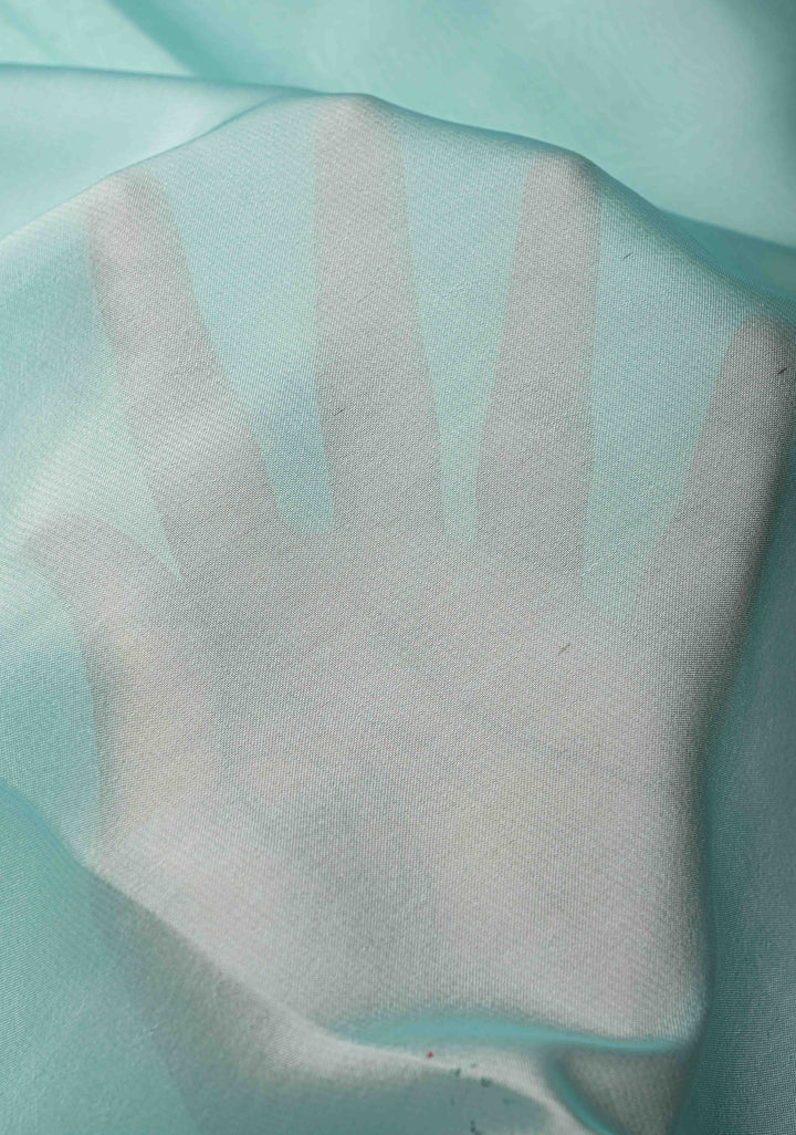 Frost Mint Saree Chiffon Silk Saree with Houseboat on the Lake Hand Painted on Pallu , No Blouse Piece