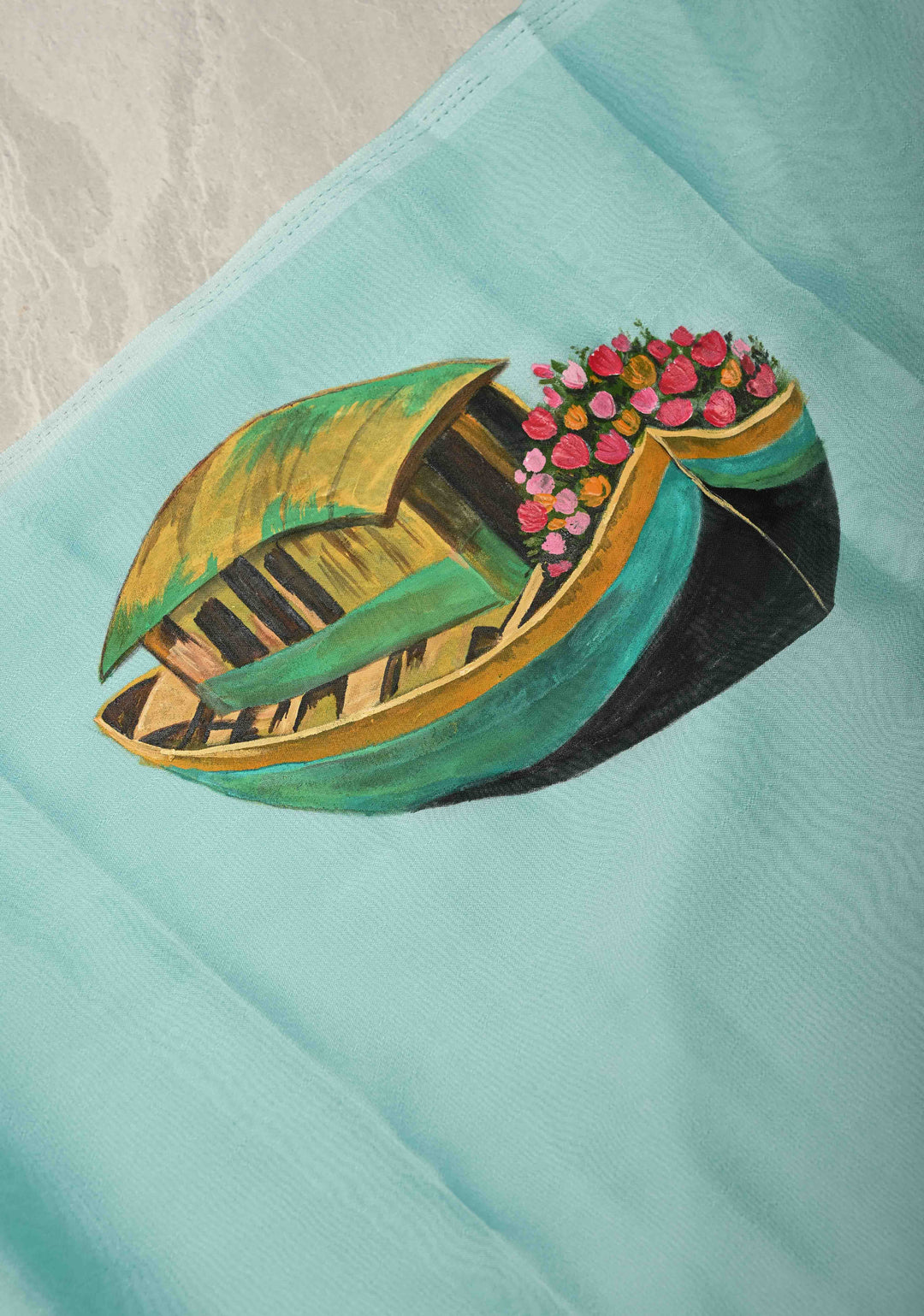 Frost Mint Saree Chiffon Silk Saree with Houseboat on the Lake Hand Painted on Pallu , No Blouse Piece