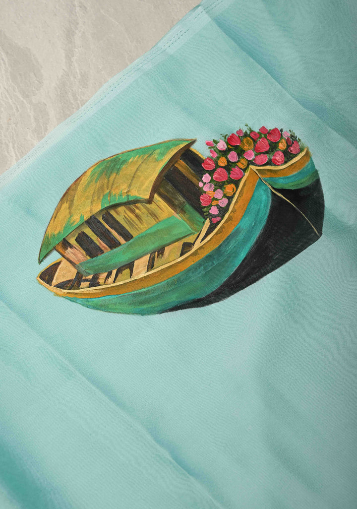 Frost Mint Saree Chiffon Silk Saree with Houseboat on the Lake Hand Painted on Pallu , No Blouse Piece