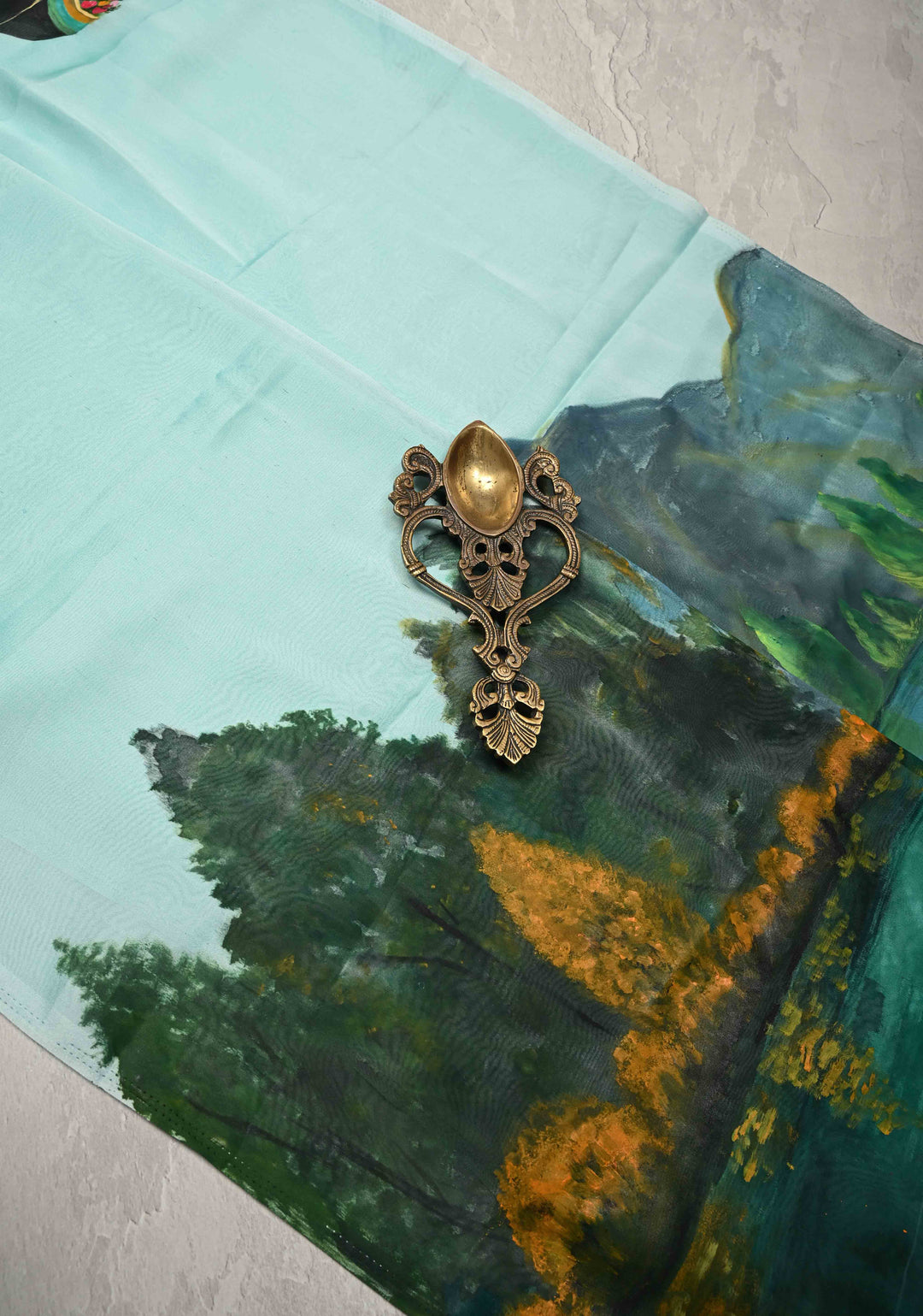 Frost Mint Saree Chiffon Silk Saree with Houseboat on the Lake Hand Painted on Pallu , No Blouse Piece