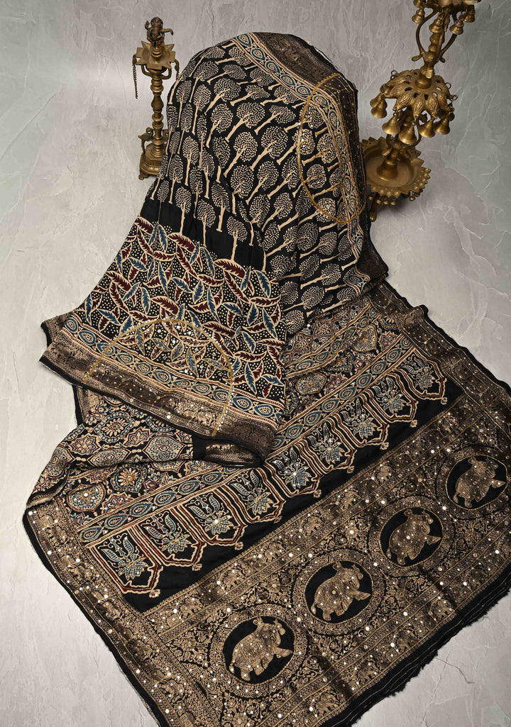 Black Ajrakh Hand Block Print on Dola Silk Saree with Cutdana, Sequins and Mirror Hand work
