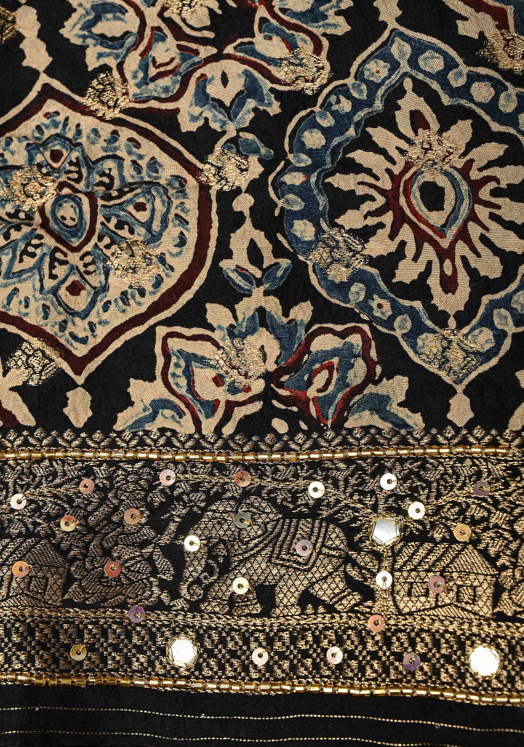 Black Ajrakh Hand Block Print on Dola Silk Saree with Cutdana, Sequins and Mirror Hand work