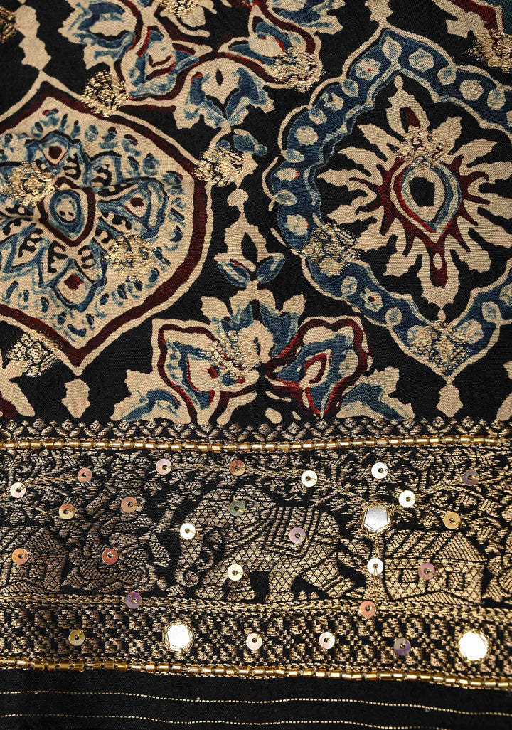 Black Ajrakh Hand Block Print on Dola Silk Saree with Cutdana, Sequins and Mirror Hand work