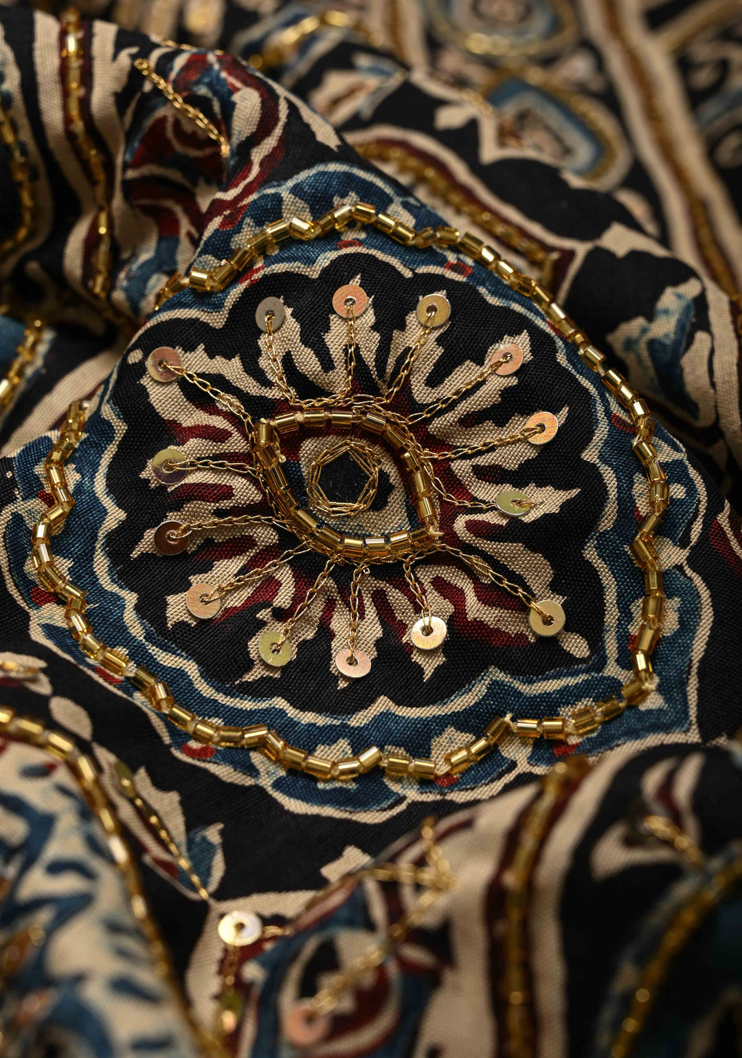 Black Ajrakh Hand Block Print on Dola Silk Saree with Cutdana, Sequins and Mirror Hand work