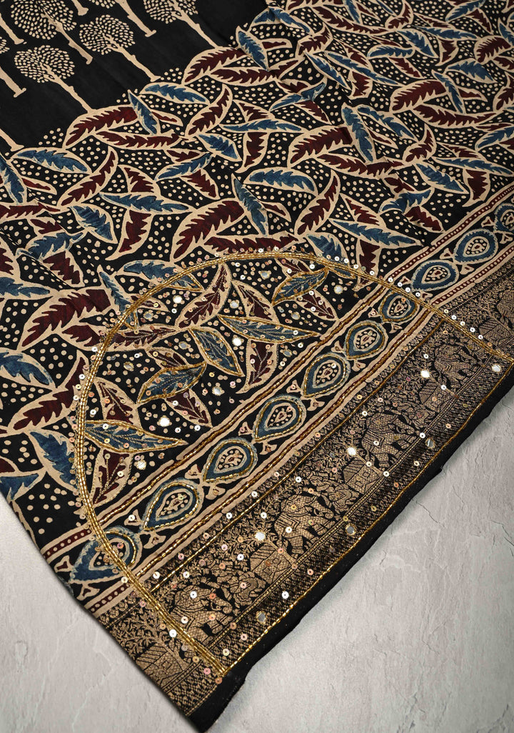 Black Ajrakh Hand Block Print on Dola Silk Saree with Cutdana, Sequins and Mirror Hand work