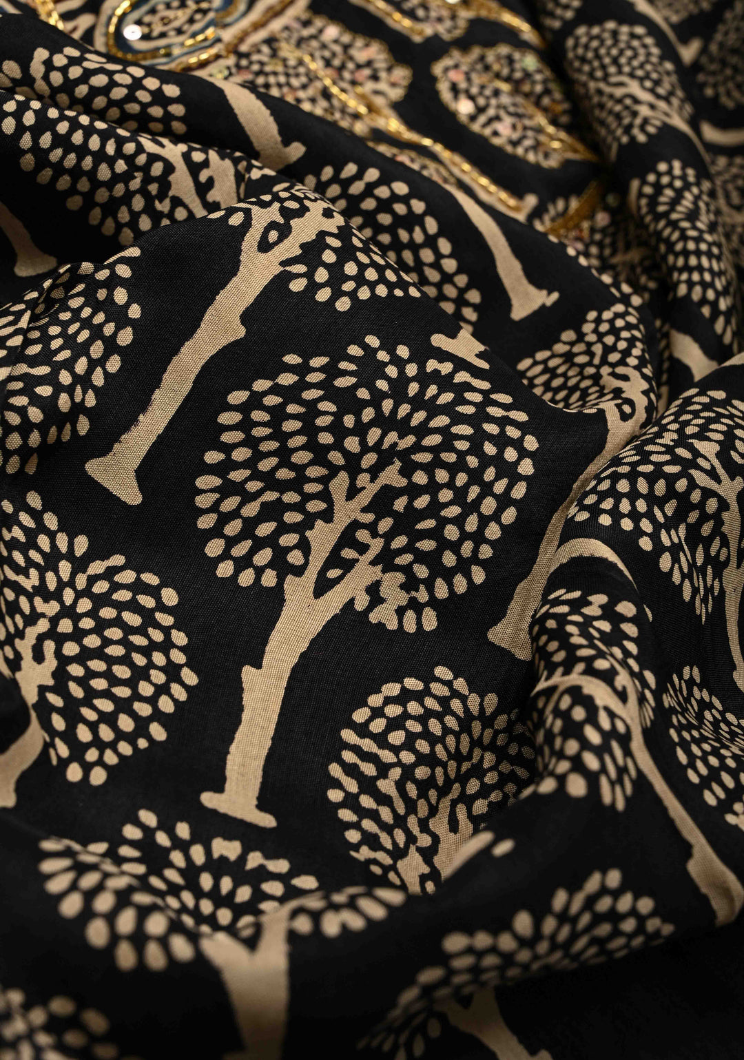 Black Ajrakh Hand Block Print on Dola Silk Saree with Cutdana, Sequins and Mirror Hand work