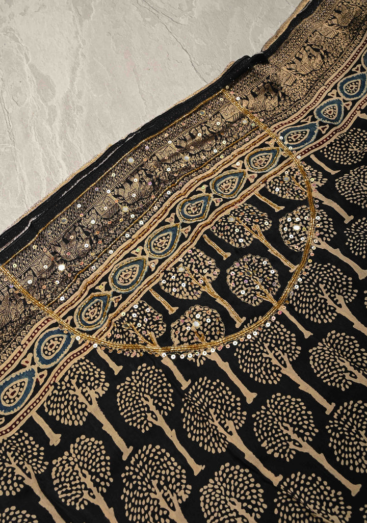 Black Ajrakh Hand Block Print on Dola Silk Saree with Cutdana, Sequins and Mirror Hand work