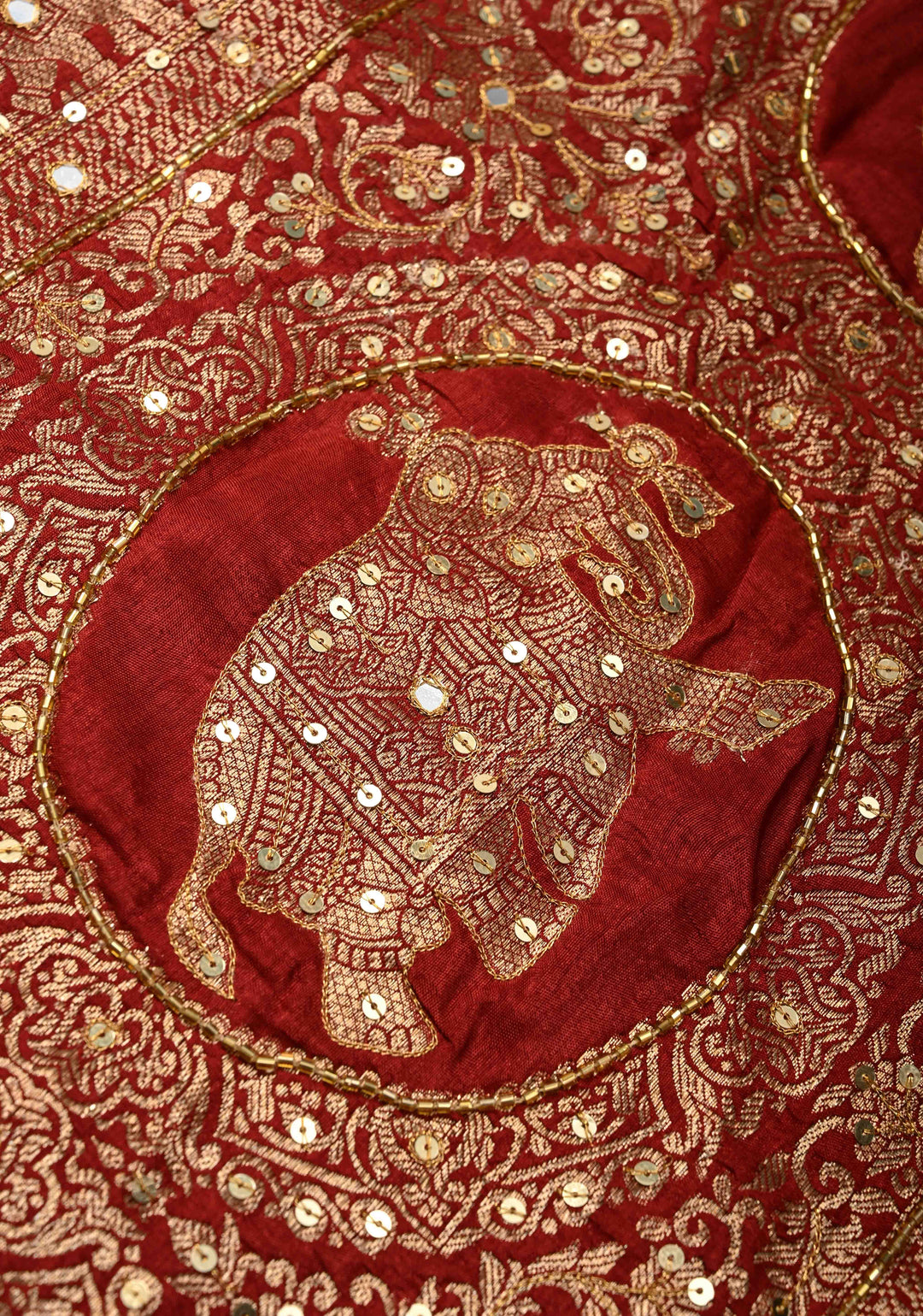 Red Ajrakh Hand Block Print on Dola Silk Saree with Cutdana-Sequins and Mirror Work Hand embroidery