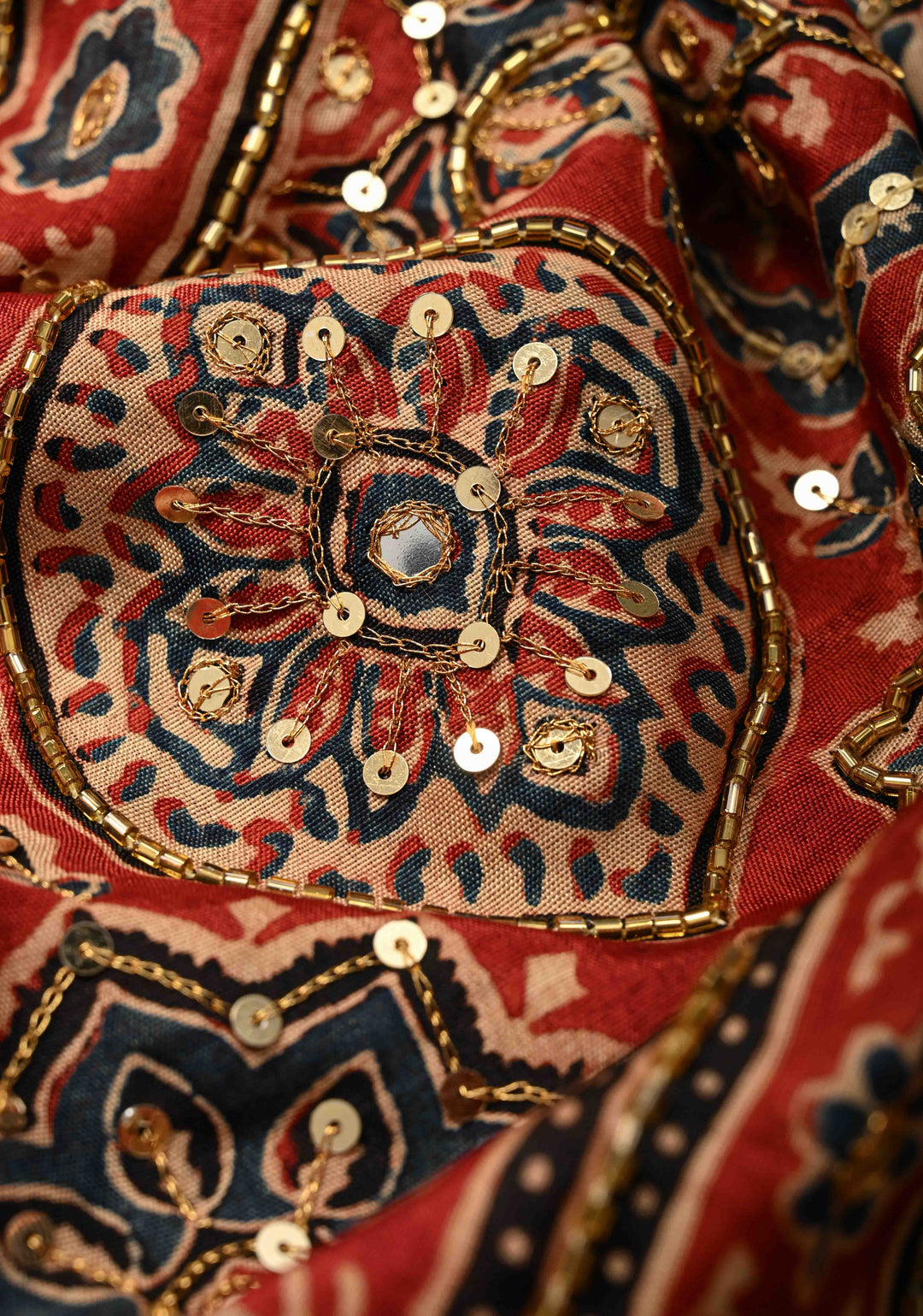 Red Ajrakh Hand Block Print on Dola Silk Saree with Cutdana-Sequins and Mirror Work Hand embroidery
