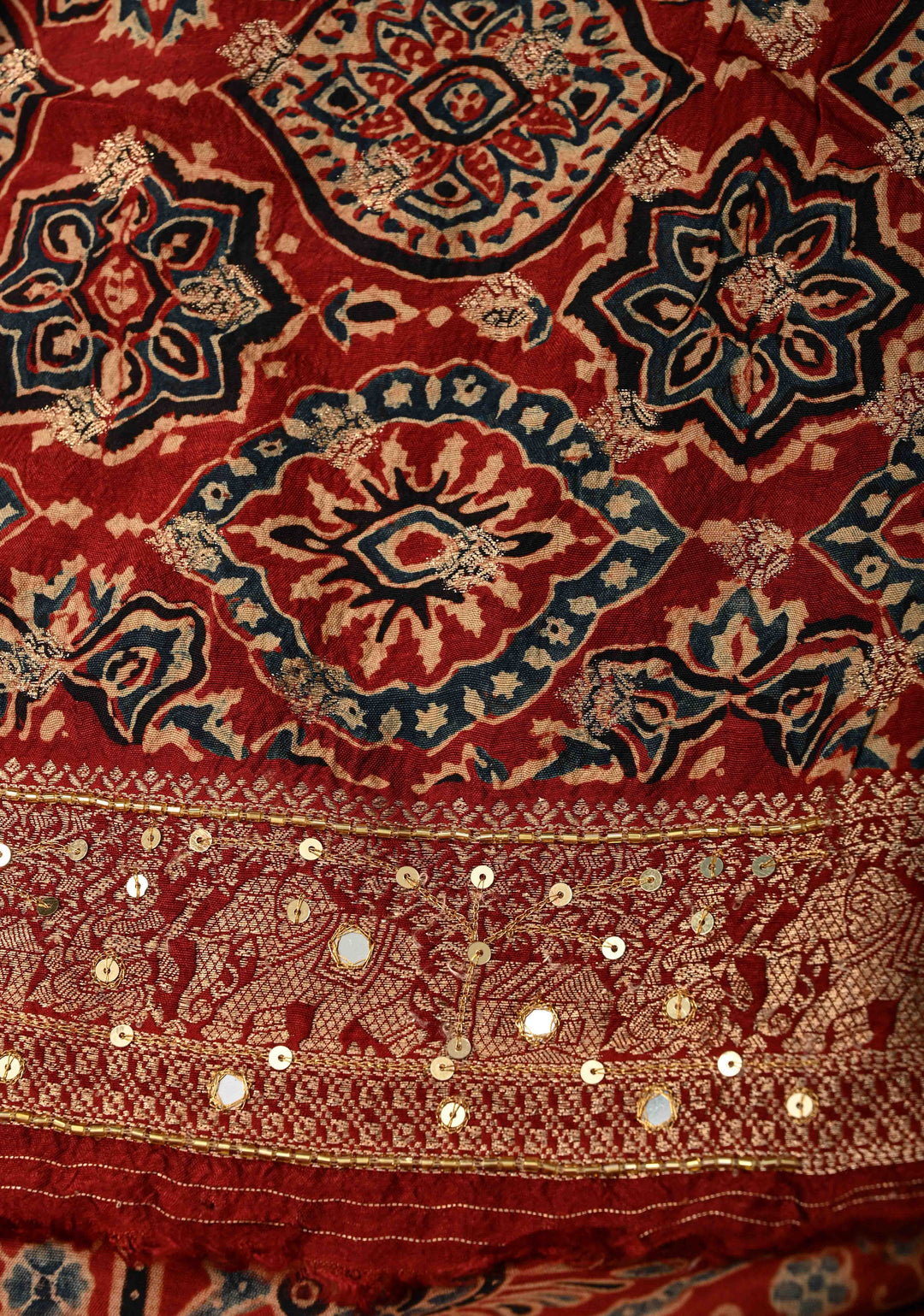 Red Ajrakh Hand Block Print on Dola Silk Saree with Cutdana-Sequins and Mirror Work Hand embroidery