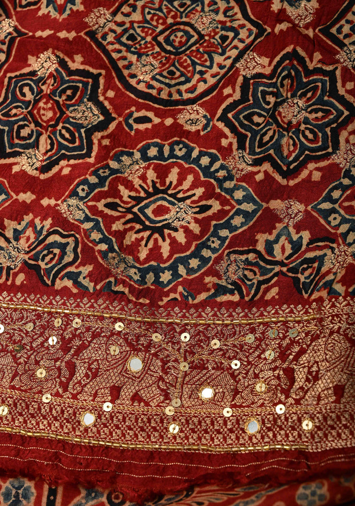 Red Ajrakh Hand Block Print on Dola Silk Saree with Cutdana-Sequins and Mirror Work Hand embroidery