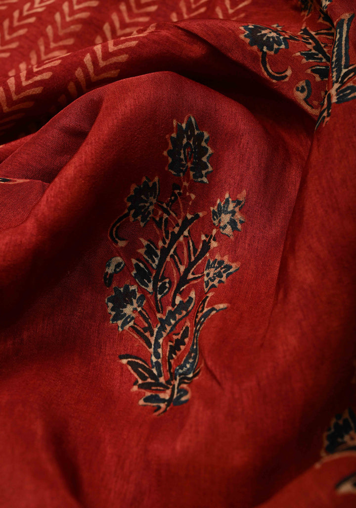 Red Ajrakh Hand Block Print on Dola Silk Saree with Cutdana-Sequins and Mirror Work Hand embroidery