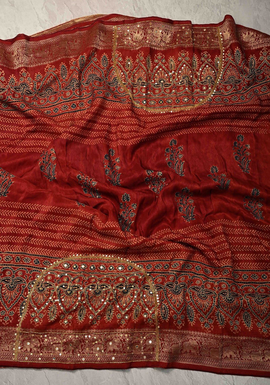 Red Ajrakh Hand Block Print on Dola Silk Saree with Cutdana-Sequins and Mirror Work Hand embroidery