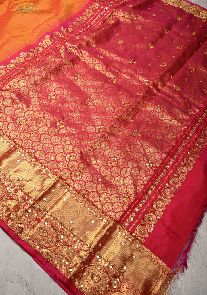 Mustard Sequins, Cutdana, Mirror Work on Kanjivaram Pure Silk Saree with Zari Buttas and Zari Border | SILK MARK CERTIFIED