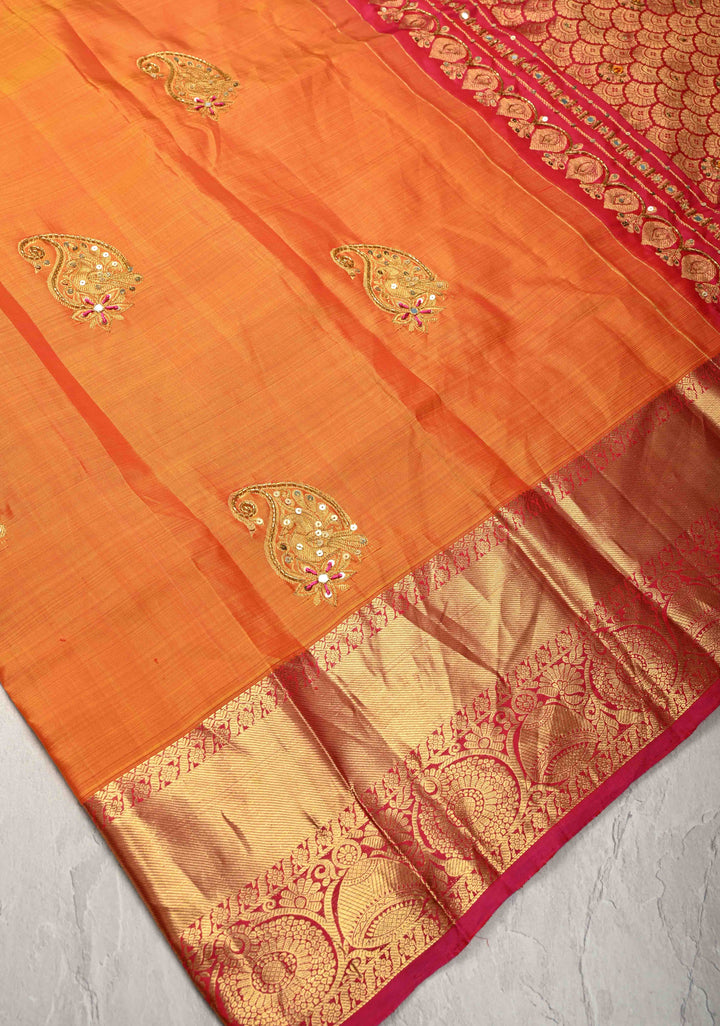 Mustard Sequins, Cutdana, Mirror Work on Kanjivaram Pure Silk Saree with Zari Buttas and Zari Border | SILK MARK CERTIFIED