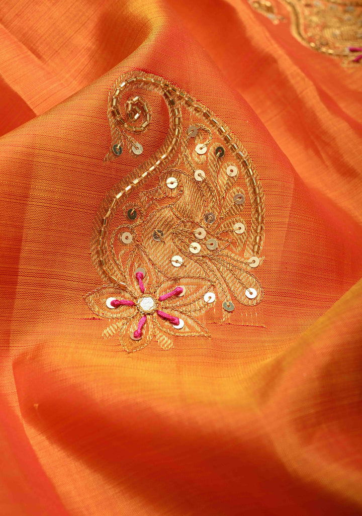 Mustard Sequins, Cutdana, Mirror Work on Kanjivaram Pure Silk Saree with Zari Buttas and Zari Border | SILK MARK CERTIFIED