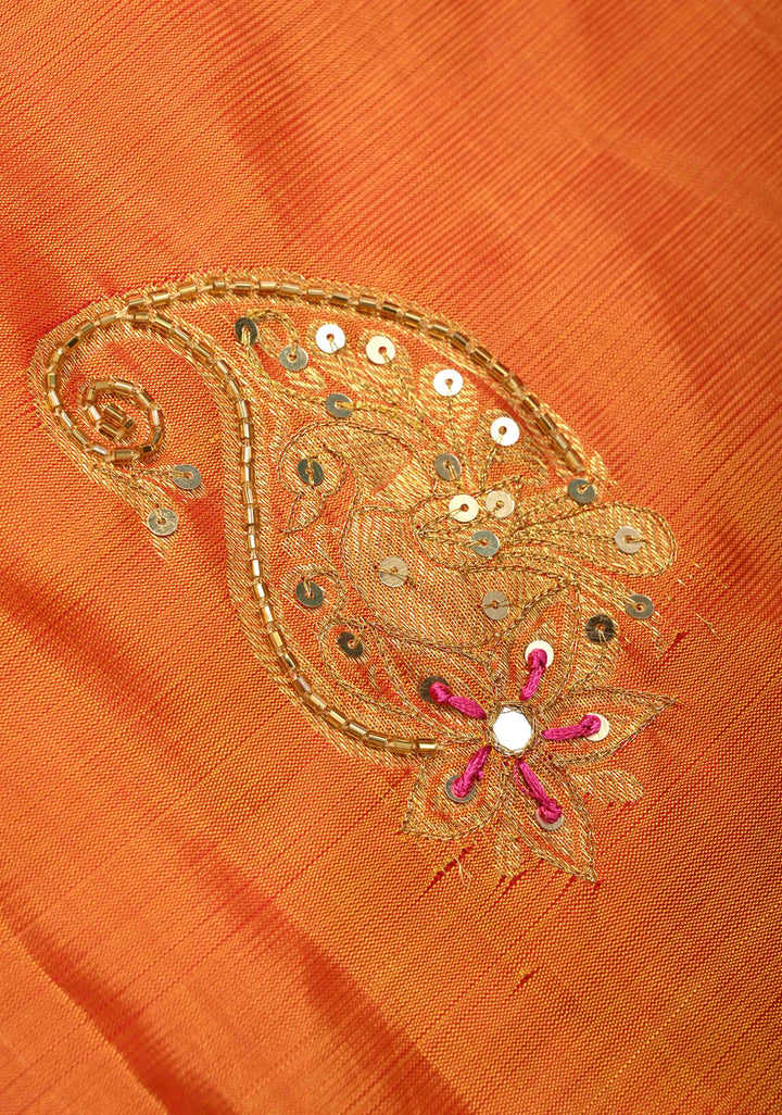 Mustard Sequins, Cutdana, Mirror Work on Kanjivaram Pure Silk Saree with Zari Buttas and Zari Border | SILK MARK CERTIFIED