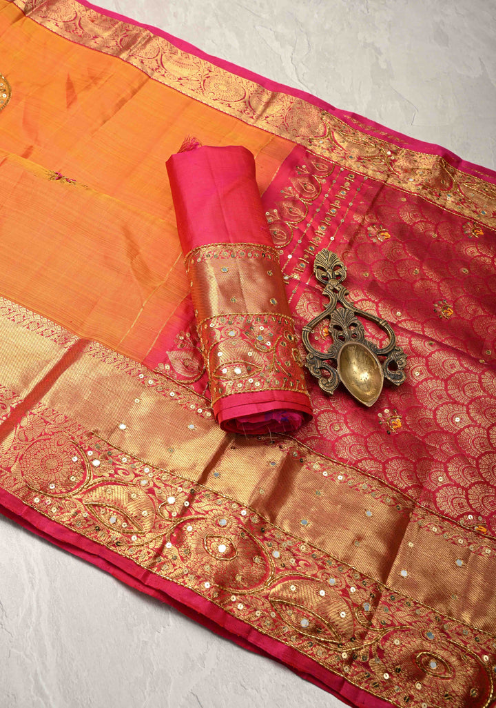 Mustard Sequins, Cutdana, Mirror Work on Kanjivaram Pure Silk Saree with Zari Buttas and Zari Border | SILK MARK CERTIFIED