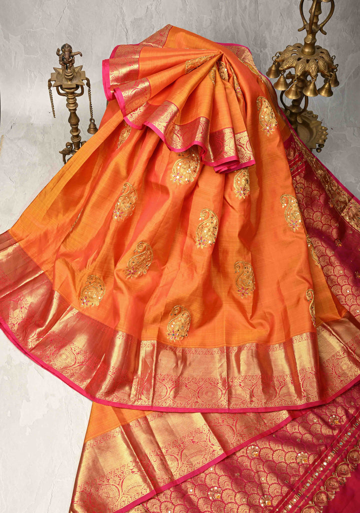 Mustard Sequins, Cutdana, Mirror Work on Kanjivaram Pure Silk Saree with Zari Buttas and Zari Border | SILK MARK CERTIFIED