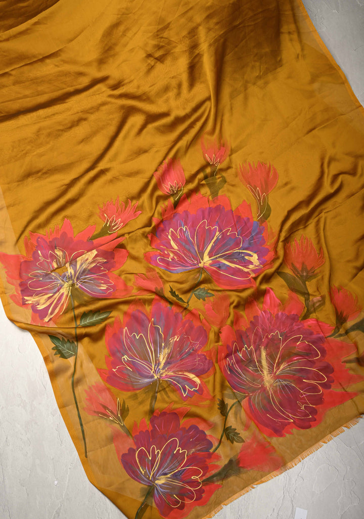 Ochre  Georgette Saree Floral  Hand Painted ,No Blouse Piece