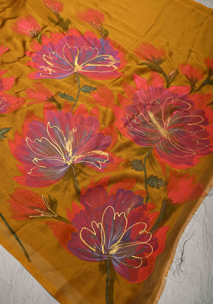 Ochre  Georgette Saree Floral  Hand Painted ,No Blouse Piece