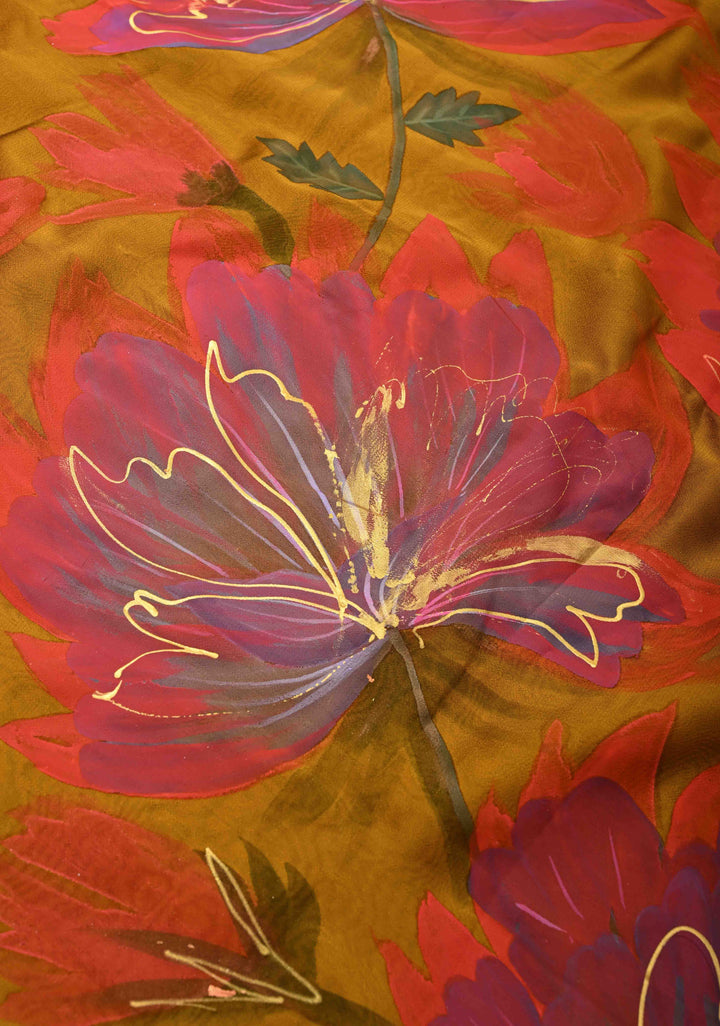 Ochre  Georgette Saree Floral  Hand Painted ,No Blouse Piece